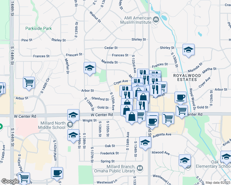 map of restaurants, bars, coffee shops, grocery stores, and more near 2525 South 135th Avenue in Omaha