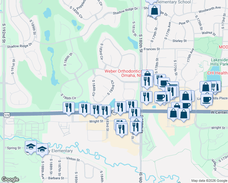 map of restaurants, bars, coffee shops, grocery stores, and more near 2339 South 183rd Circle in Omaha
