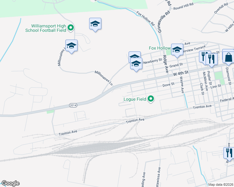 map of restaurants, bars, coffee shops, grocery stores, and more near 2925 West 4th Street in Williamsport