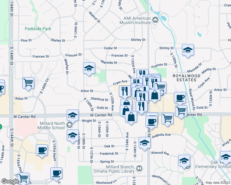 map of restaurants, bars, coffee shops, grocery stores, and more near 2525 South 135th Avenue in Omaha