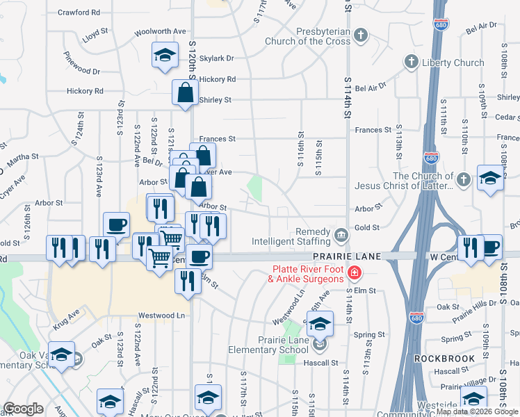 map of restaurants, bars, coffee shops, grocery stores, and more near 11640 Arbor Street in Omaha