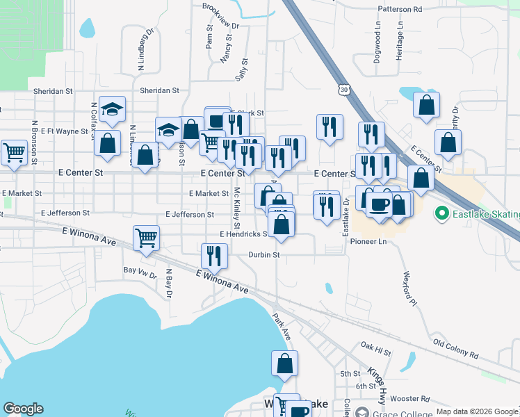 map of restaurants, bars, coffee shops, grocery stores, and more near 225 South Roosevelt Street in Warsaw