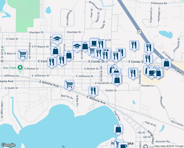 map of restaurants, bars, coffee shops, grocery stores, and more near 2231 East Jefferson Street in Warsaw