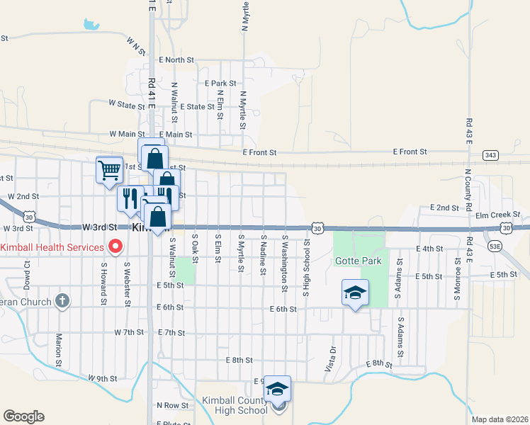map of restaurants, bars, coffee shops, grocery stores, and more near 611 East 3rd Street in Kimball