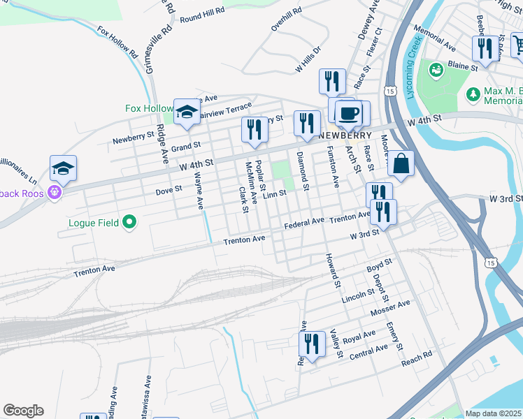 map of restaurants, bars, coffee shops, grocery stores, and more near 770-798 McMinn Avenue in Williamsport