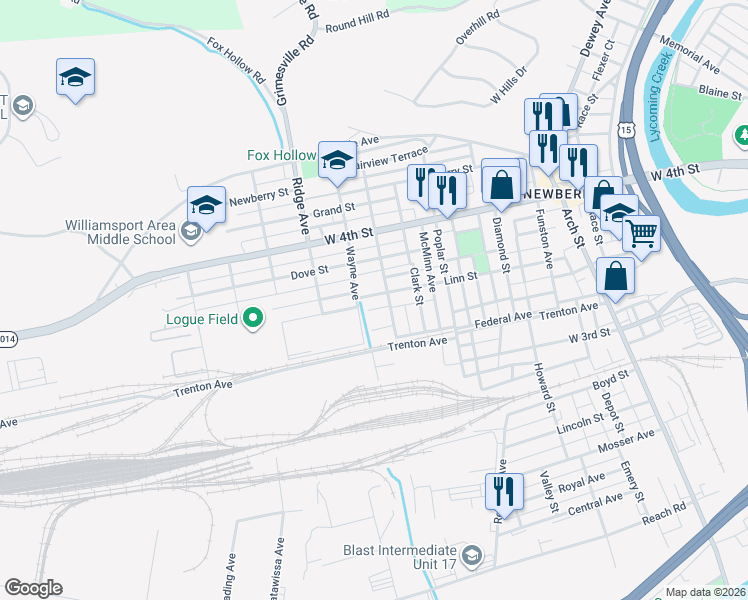map of restaurants, bars, coffee shops, grocery stores, and more near 2413 Linn Street in Williamsport