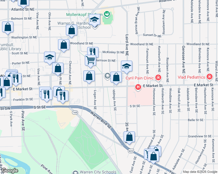 map of restaurants, bars, coffee shops, grocery stores, and more near 1154 East Market Street in Warren