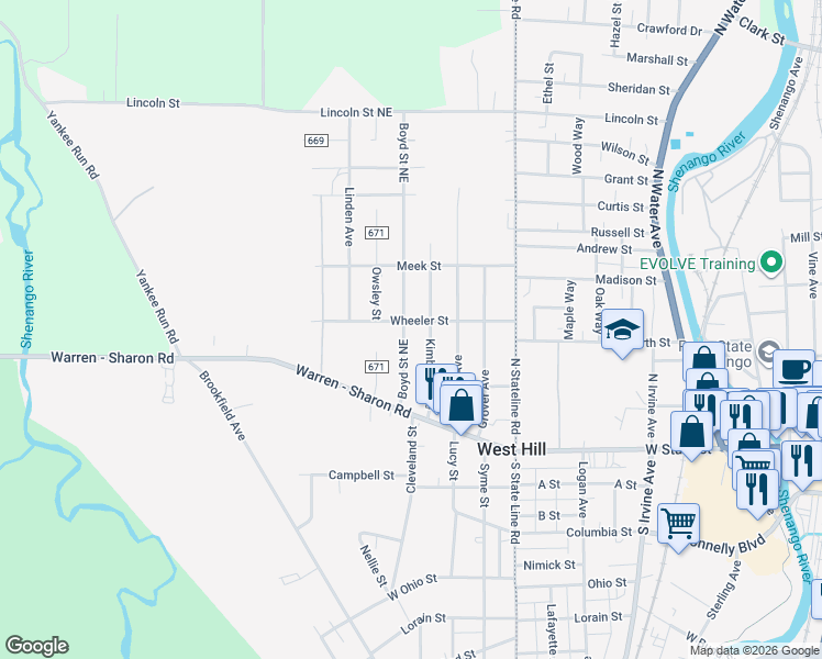 map of restaurants, bars, coffee shops, grocery stores, and more near 8156 Wheeler Street in Masury