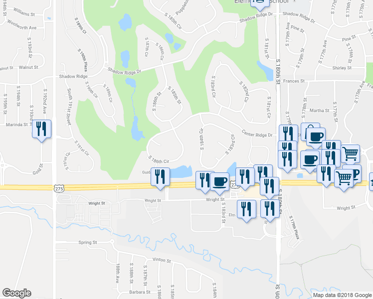 map of restaurants, bars, coffee shops, grocery stores, and more near 2331 South 186th Circle in Omaha