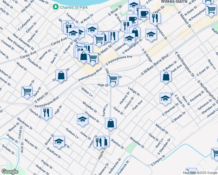 map of restaurants, bars, coffee shops, grocery stores, and more near 163 Hazle Street in Wilkes-Barre