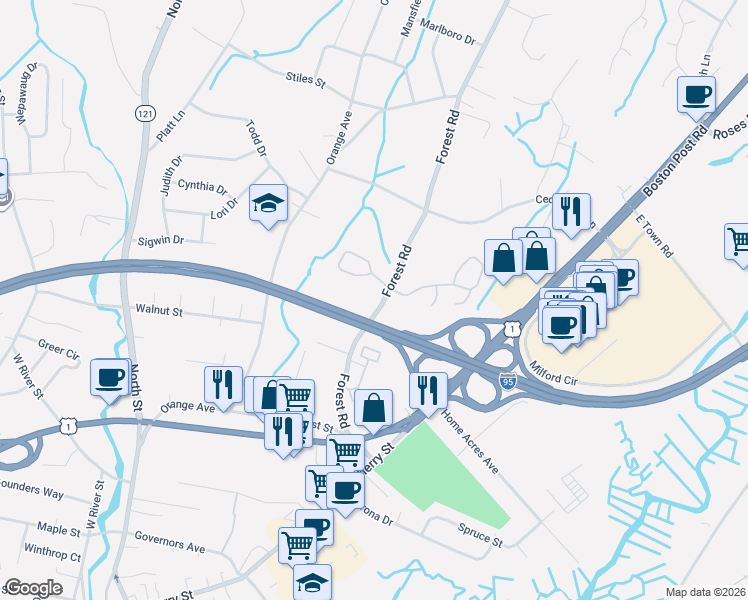 map of restaurants, bars, coffee shops, grocery stores, and more near 143 Forest Road in Milford