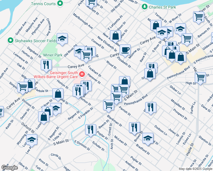 map of restaurants, bars, coffee shops, grocery stores, and more near 91 Hanover Street in Wilkes-Barre