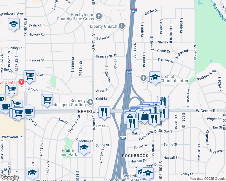 map of restaurants, bars, coffee shops, grocery stores, and more near 11306 Gold Street in Omaha
