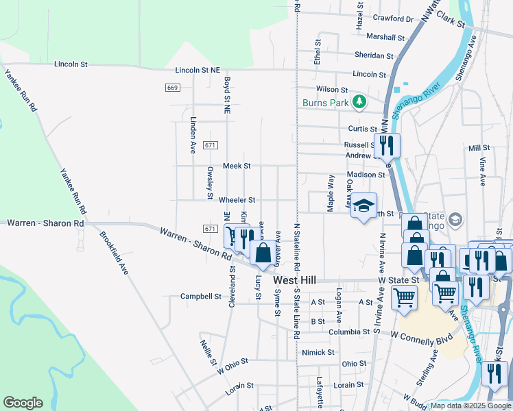 map of restaurants, bars, coffee shops, grocery stores, and more near 719 Gaylord Avenue in Masury