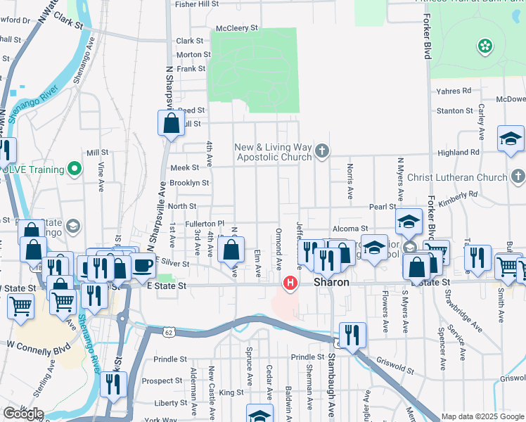 map of restaurants, bars, coffee shops, grocery stores, and more near 240 Elm Avenue in Sharon