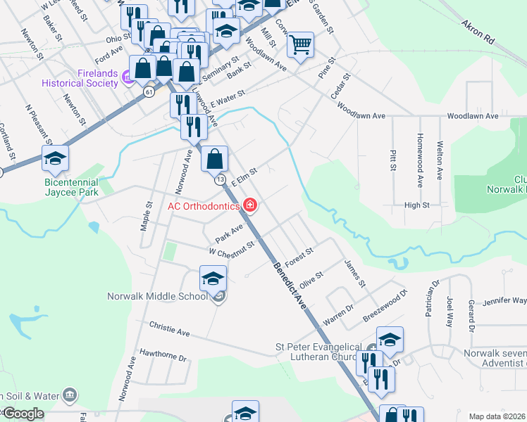 map of restaurants, bars, coffee shops, grocery stores, and more near 106 South Linwood Avenue in Norwalk
