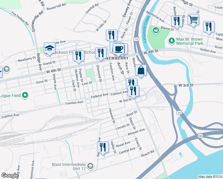 map of restaurants, bars, coffee shops, grocery stores, and more near 2111 Cummings Street in Williamsport