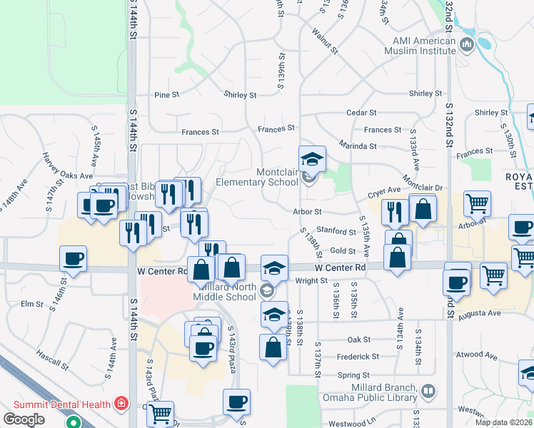 map of restaurants, bars, coffee shops, grocery stores, and more near 13934 Arbor Circle in Omaha