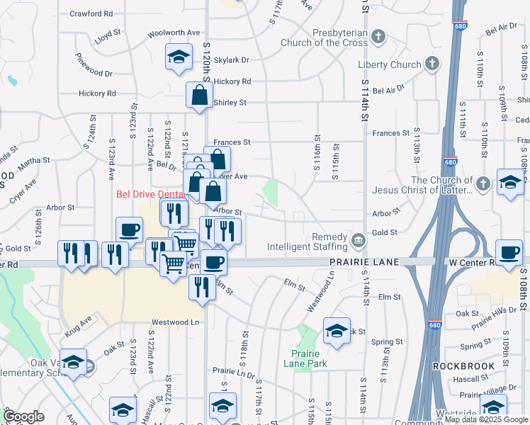 map of restaurants, bars, coffee shops, grocery stores, and more near 11812 Arbor Street in Omaha