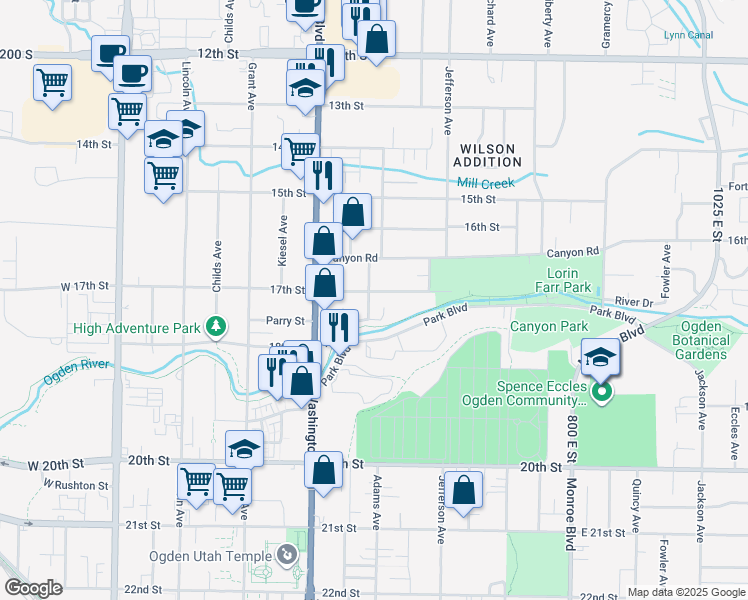 map of restaurants, bars, coffee shops, grocery stores, and more near 483 17th Street in Ogden
