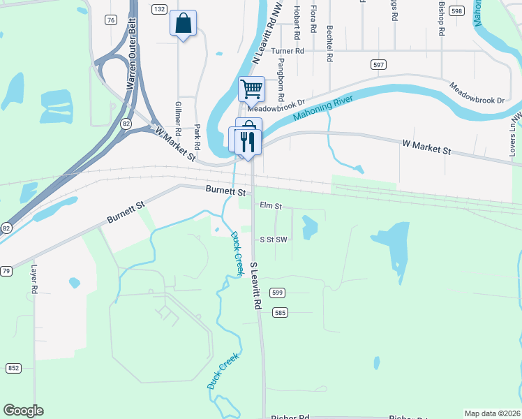 map of restaurants, bars, coffee shops, grocery stores, and more near 4949 Elm Street in Leavittsburg