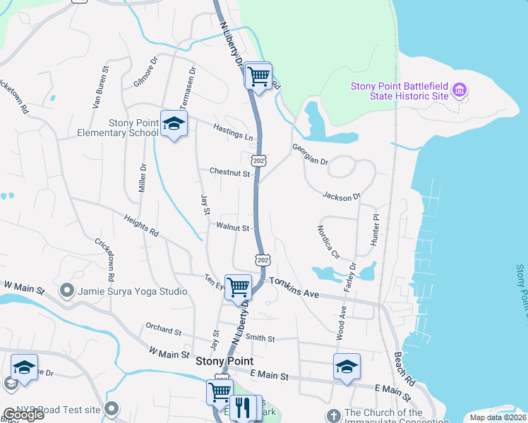 map of restaurants, bars, coffee shops, grocery stores, and more near 37 Roosevelt Place in Stony Point