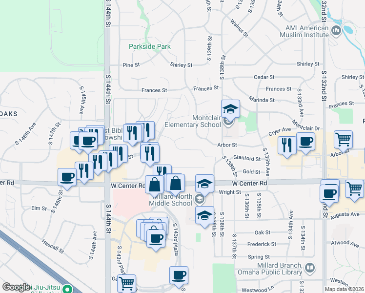 map of restaurants, bars, coffee shops, grocery stores, and more near 13946 Arbor Circle in Omaha