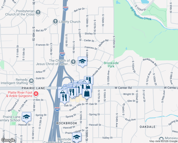 map of restaurants, bars, coffee shops, grocery stores, and more near 2509 South 108th Street in Omaha