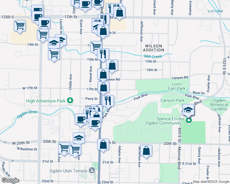 map of restaurants, bars, coffee shops, grocery stores, and more near 483 17th Street in Ogden