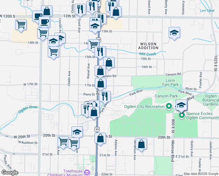 map of restaurants, bars, coffee shops, grocery stores, and more near 435 17th Street in Ogden