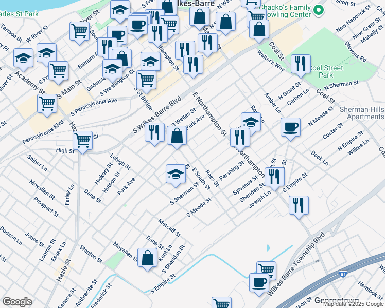map of restaurants, bars, coffee shops, grocery stores, and more near 157 South Grant Street in Wilkes-Barre