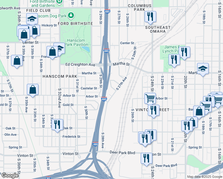 map of restaurants, bars, coffee shops, grocery stores, and more near 2769 Hazel Street in Omaha