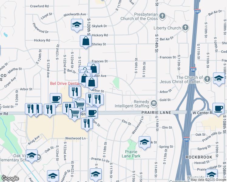 map of restaurants, bars, coffee shops, grocery stores, and more near 11812 Arbor Street in Omaha