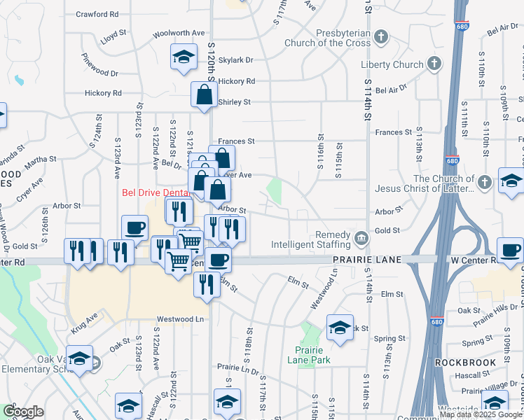 map of restaurants, bars, coffee shops, grocery stores, and more near 11812 Arbor Street in Omaha
