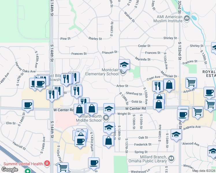 map of restaurants, bars, coffee shops, grocery stores, and more near 13934 Arbor Circle in Omaha