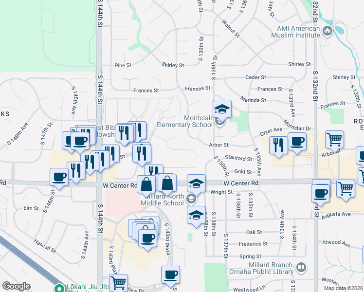 map of restaurants, bars, coffee shops, grocery stores, and more near 13946 Arbor Circle in Omaha
