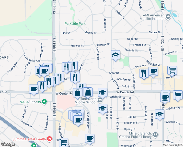map of restaurants, bars, coffee shops, grocery stores, and more near 13946 Arbor Circle in Omaha