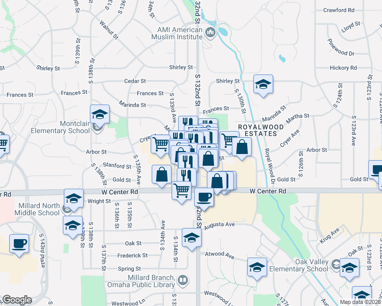 map of restaurants, bars, coffee shops, grocery stores, and more near 2434 South 132nd Street in Omaha
