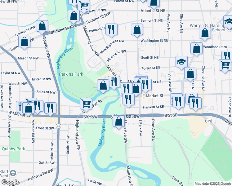 map of restaurants, bars, coffee shops, grocery stores, and more near 220 West Market Street in Warren