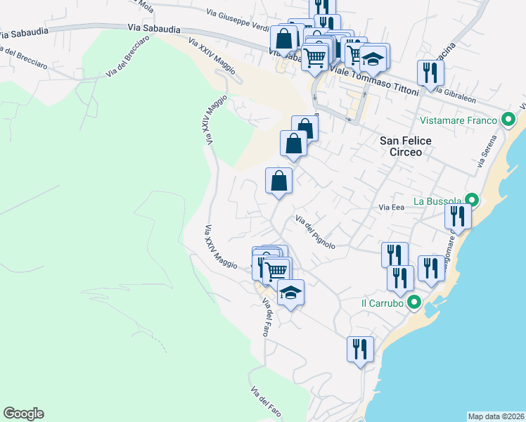 map of restaurants, bars, coffee shops, grocery stores, and more near 61 Via della Valle in San Felice Circeo