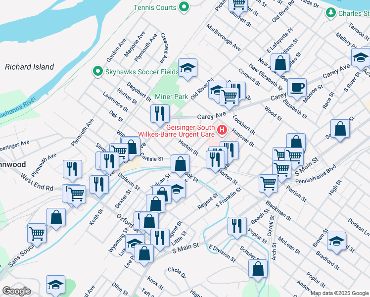 map of restaurants, bars, coffee shops, grocery stores, and more near 214 Horton Street in Wilkes-Barre