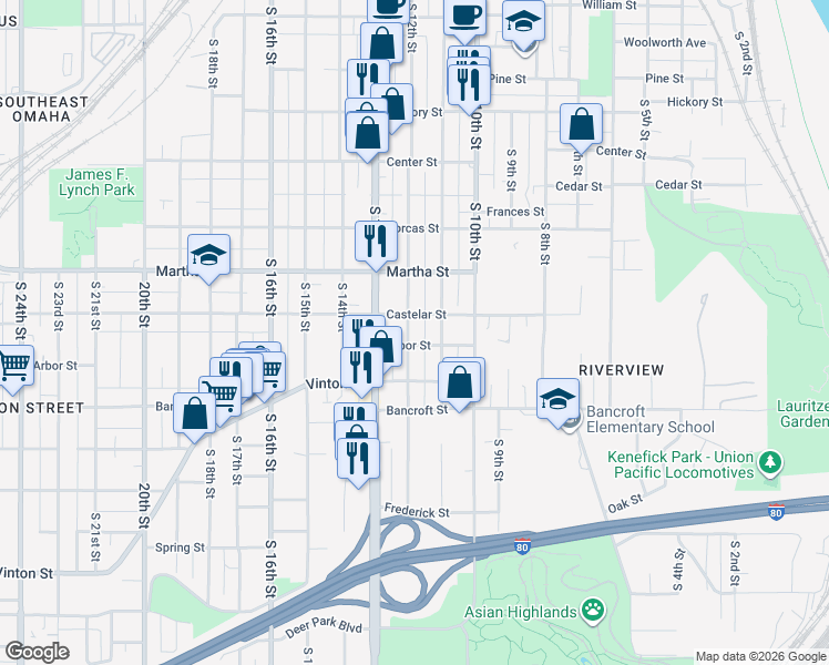 map of restaurants, bars, coffee shops, grocery stores, and more near 2408 South 12th Street in Omaha