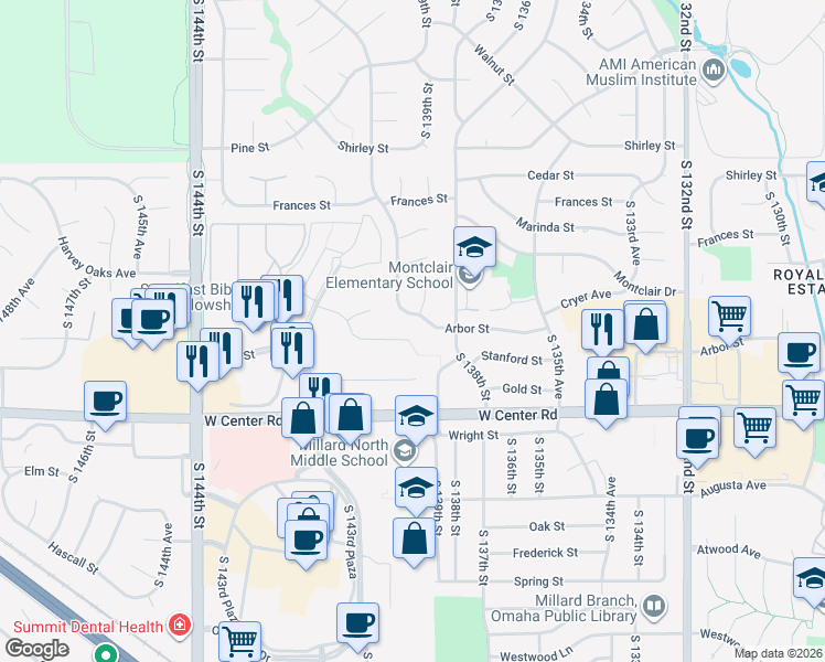 map of restaurants, bars, coffee shops, grocery stores, and more near 13934 Arbor Circle in Omaha