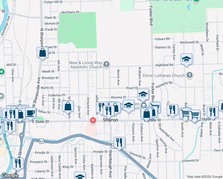 map of restaurants, bars, coffee shops, grocery stores, and more near 242 Euclid Avenue in Sharon