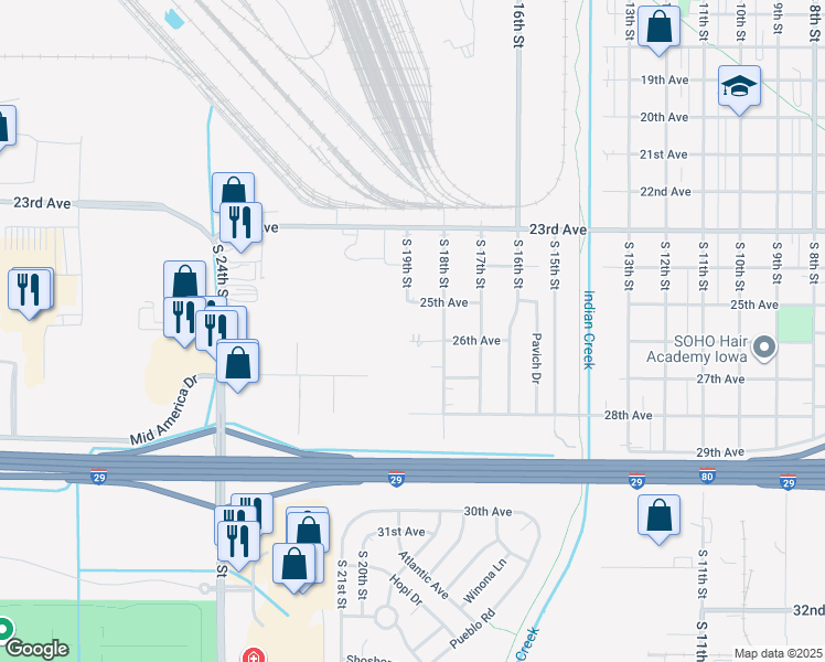 map of restaurants, bars, coffee shops, grocery stores, and more near 1816 26th Avenue in Council Bluffs