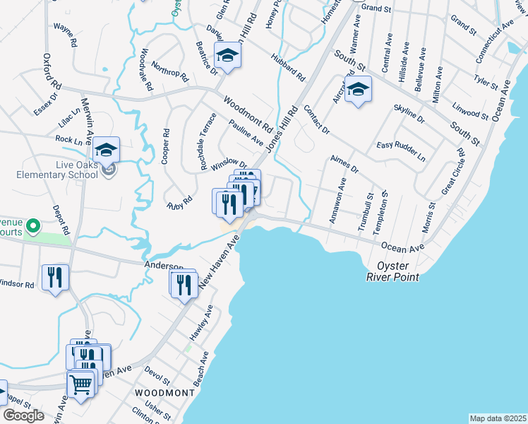 map of restaurants, bars, coffee shops, grocery stores, and more near 74 Ocean Avenue in West Haven