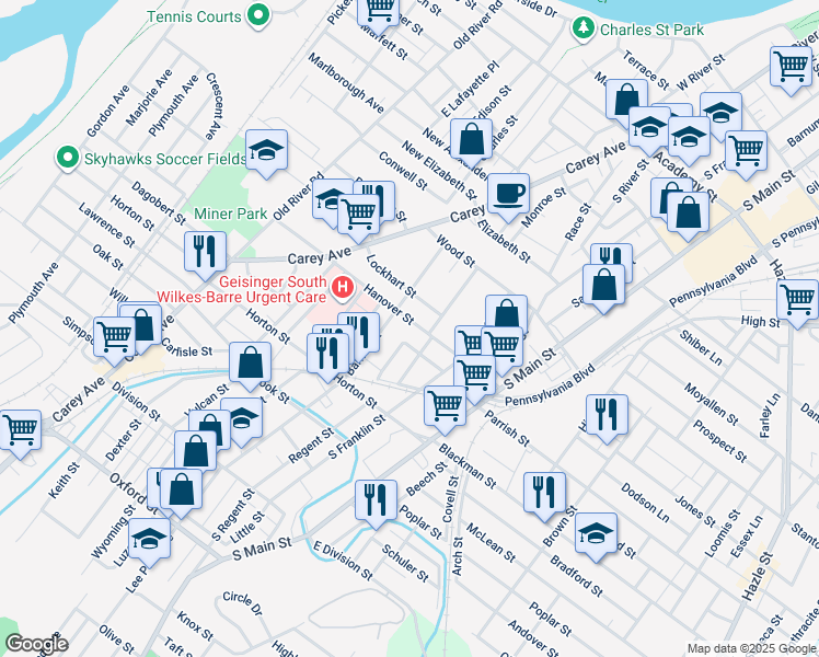 map of restaurants, bars, coffee shops, grocery stores, and more near 116 Hanover Street in Wilkes-Barre