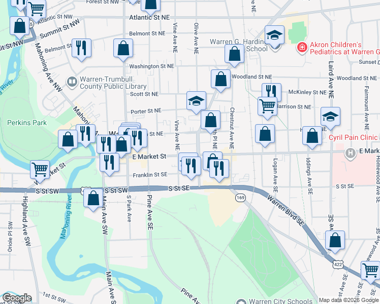map of restaurants, bars, coffee shops, grocery stores, and more near 453 East Market Street in Warren