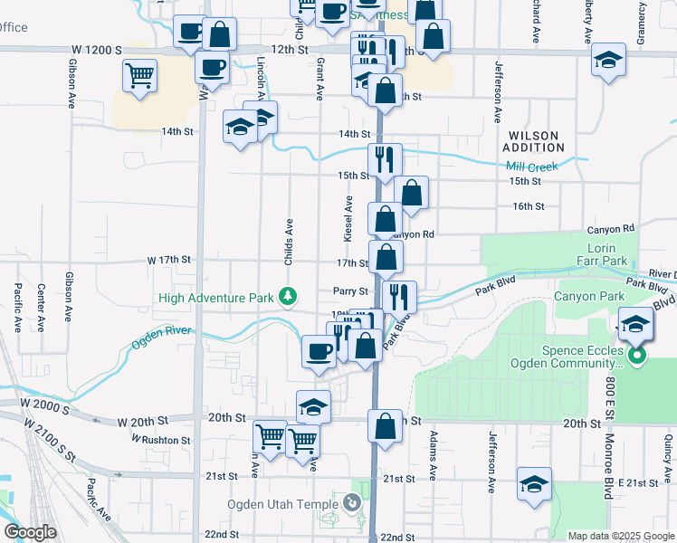 map of restaurants, bars, coffee shops, grocery stores, and more near 331 17th Street in Ogden