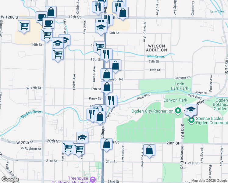 map of restaurants, bars, coffee shops, grocery stores, and more near 445 17th Street in Ogden